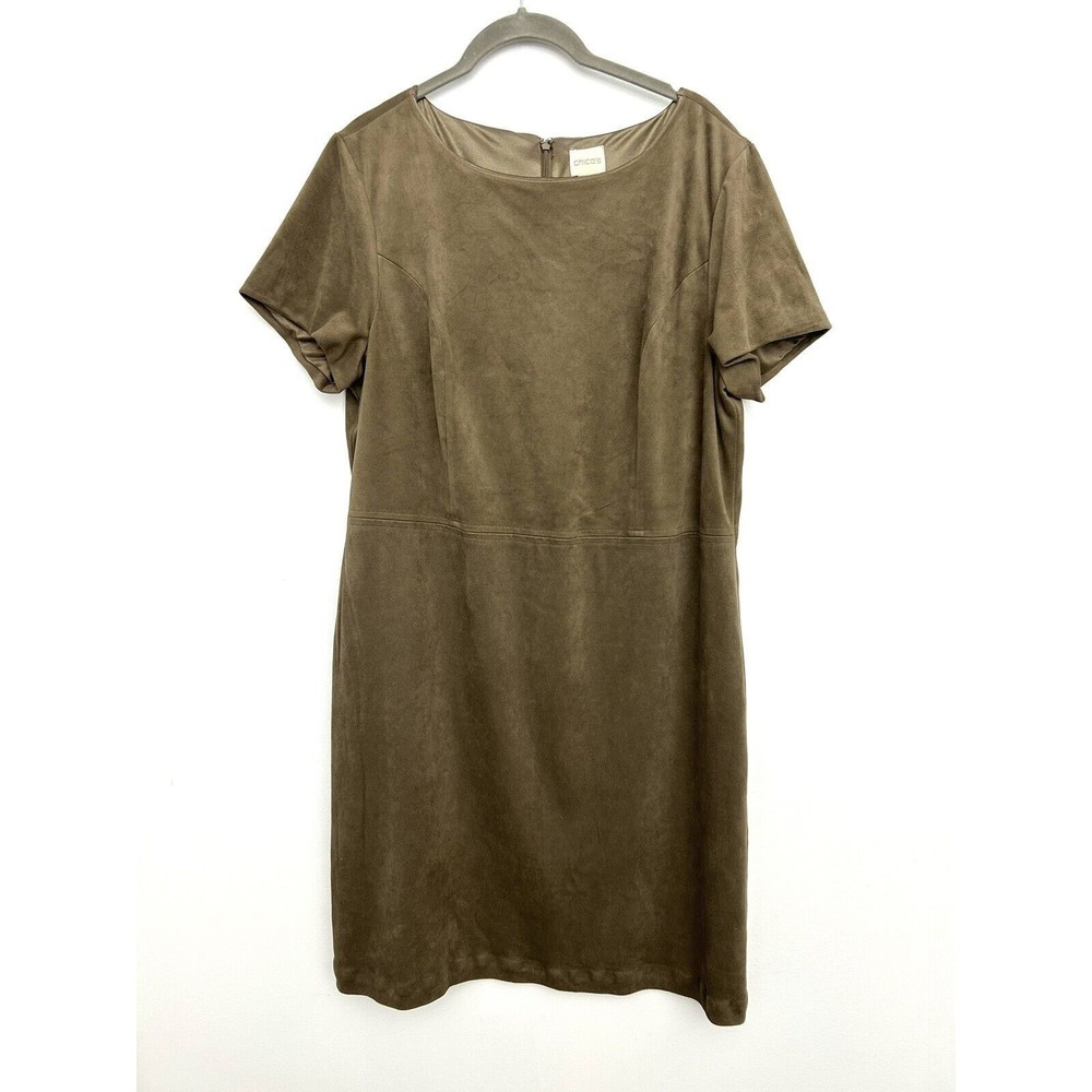 Chicos Size 2 Taupe Brown Faux Suede Short Sleeve Midi Office Dress Large